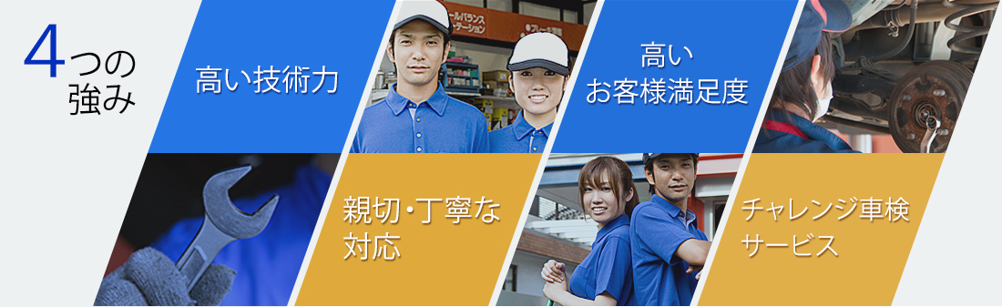 ４つの強み・高い技術力・親切・丁寧な対応・高いお客様満足度・チャレンジ車検サービス